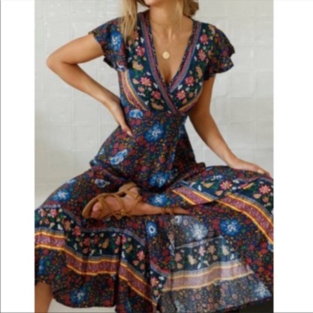Boho Gypsy Navy Floral Print wrap midi Dress - Picture 2 of 9